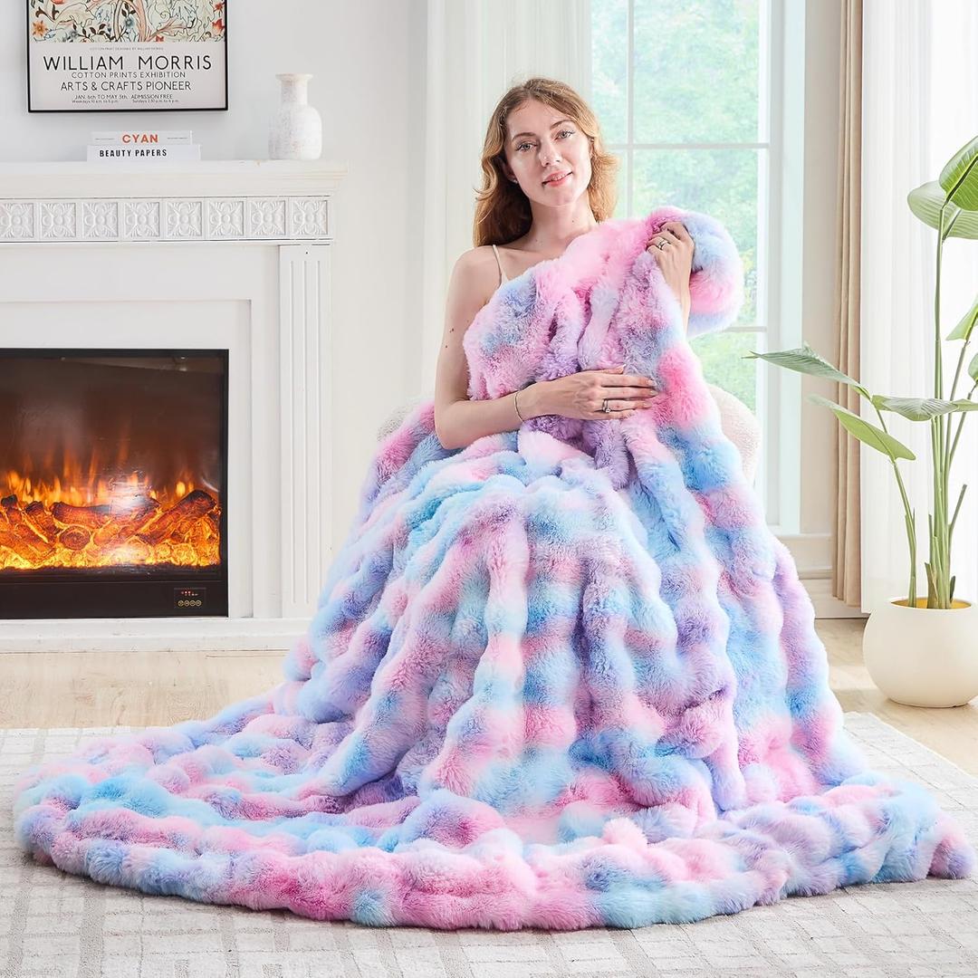 Lotus Karen Faux Fur Throw Blanket Tie-Dye Purple Rainbow - Big Bubble Rabbit Fluff Blanket for Couch, Large Fluffy Fuzzy Cozy Blanket,Thick Furry Plush Shaggy Blankets, 108x90 Inches