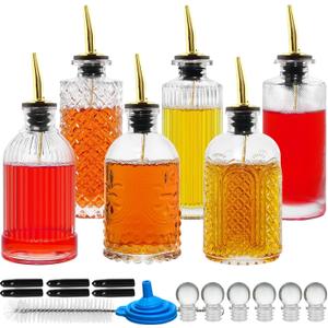 Coffee Syrup Dispenser Bottles Set 6 Pack 7 OZ, Simple Small Glass Syrup Bottles for Coffee Bar with Metal Pour Spout Ideal for Coffee Syrups, Honey