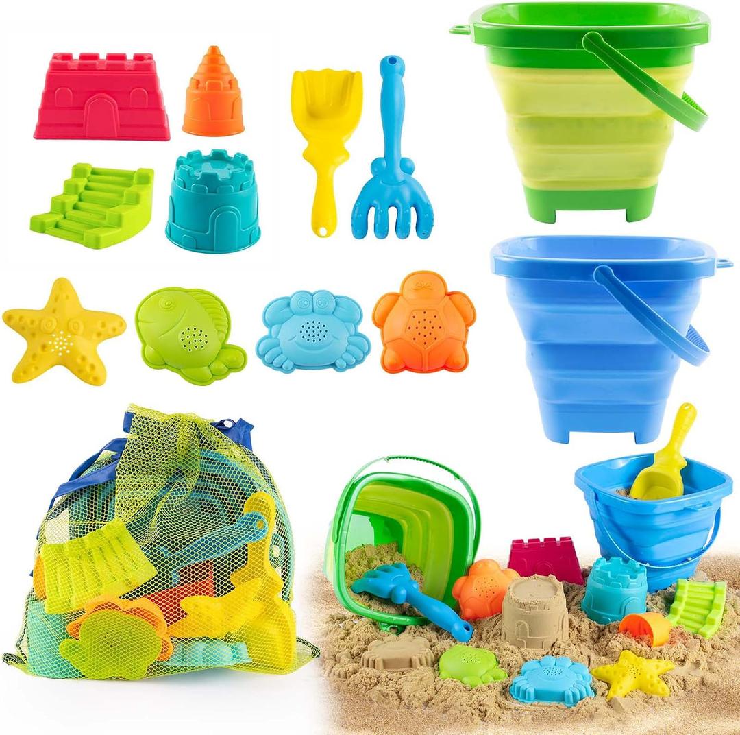 Collapsible Beach Toys for Toddlers Kids 2 Foldable Sand Buckets Shovel Rake, 8 Sand Molds & Castle Building Kit, Mesh Bag 13-Piece Travel Sandbox Toy Set Ages 3-12