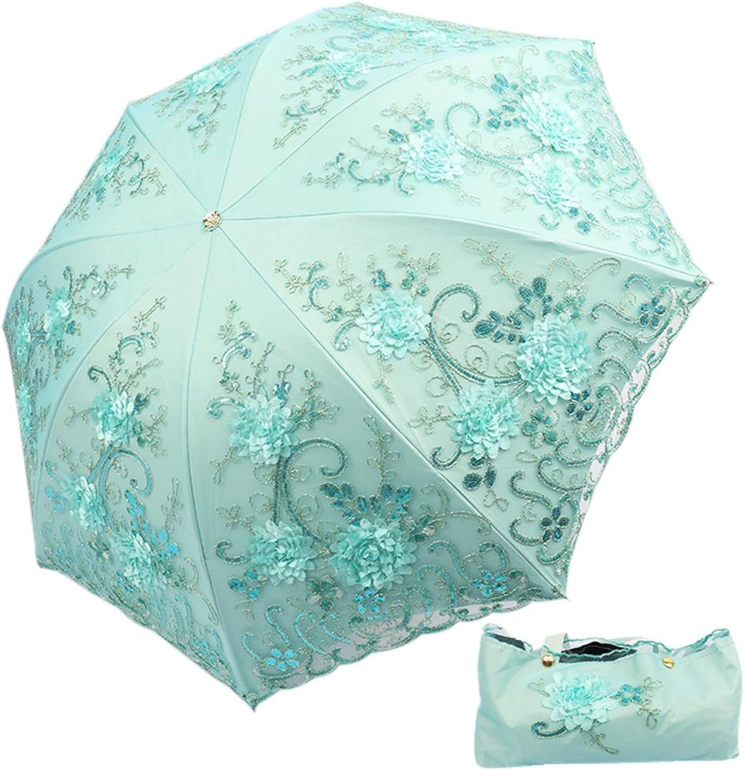 lace parasol umbrella Folding Anti-uv Sunshade Vintage Embroidered Sun Protection (Azure)