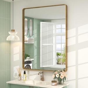 26x36 Gold Framed Mirror for Bathroom, Brushed Gold Mirror with Metal Frame, Modern Rectangle Brass Vanity Mirror for Wall, Shatterproof, Anti-Rust (Horizontal/Vertical)