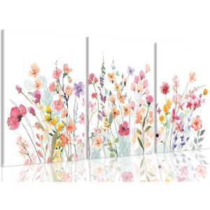 MTFBWY Wildflower Canvas Wall Art for Bedroom Set of 3 Botanical Floral Wall Art, Pink Watercolor Flower Pictures Wall Decor, Aesthetic Nature Landscape Prints for Living Room, 16"x24"Canvas