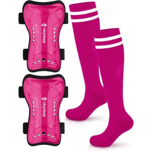 Hryrbay Kids Soccer Shin Guards and Socks Toddler Soccer Shin Pads Protective Defender Gear for Boys Girls Ages 3-15 Great for Training, Matches, Inspired by the World Cup Rose, Red, Small