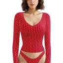 SUUKSESS Women Double Lined V Neck Going Out Crop Long Sleeve Tank Top Casual Fitted Slim Trendy Cute Basic Y2k Outfit Tops Shirts Fall Winter 2025(Red Polka Dots,S)