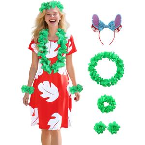 ZIW Women Hawaiian Costme Tropical Leaf Print Dress with Headband, Luau Flower Leis Accessories, Adult Halloween Costumes (XL)