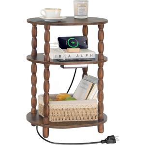 MaxSmeo Side Table with Charging Station, 3-Tier Small End Table with USB Ports and Outlets, Modern Oval Night Stand Accent Table for Living Room, Bedroom, Rustic Brown