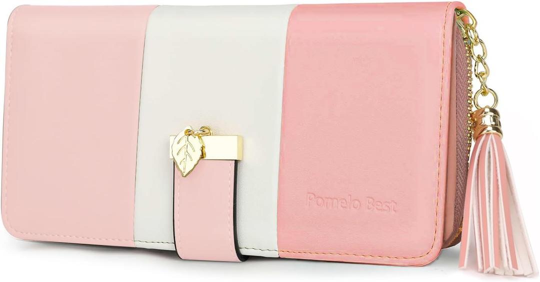RFID Wallets for Women with Multiple Card Slots and Cellphone Compartment, Womens Wallet (Sakura Pink/White/Pink)