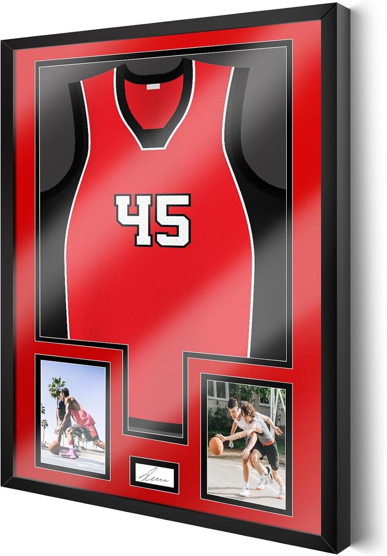 Juexica Jersey Frame Display Case Jersey Shadow Box 32 x 24 Inch with Photo and Signature Display with Tempered Glass Cover for Football Baseball Basketball Hockey, Mens Sport Fans Gift(Black Red)