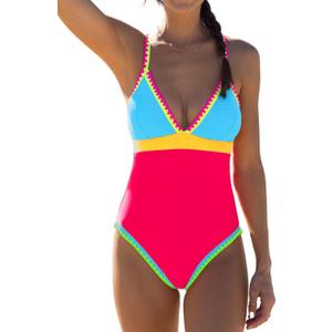popvil One Piece Swimsuit 2025 Tummy Control Women Bathing Suit Shapewear Swimsuits Slimming Neon Cute Tie Back Swimwear (X-Large, Colorblock4)