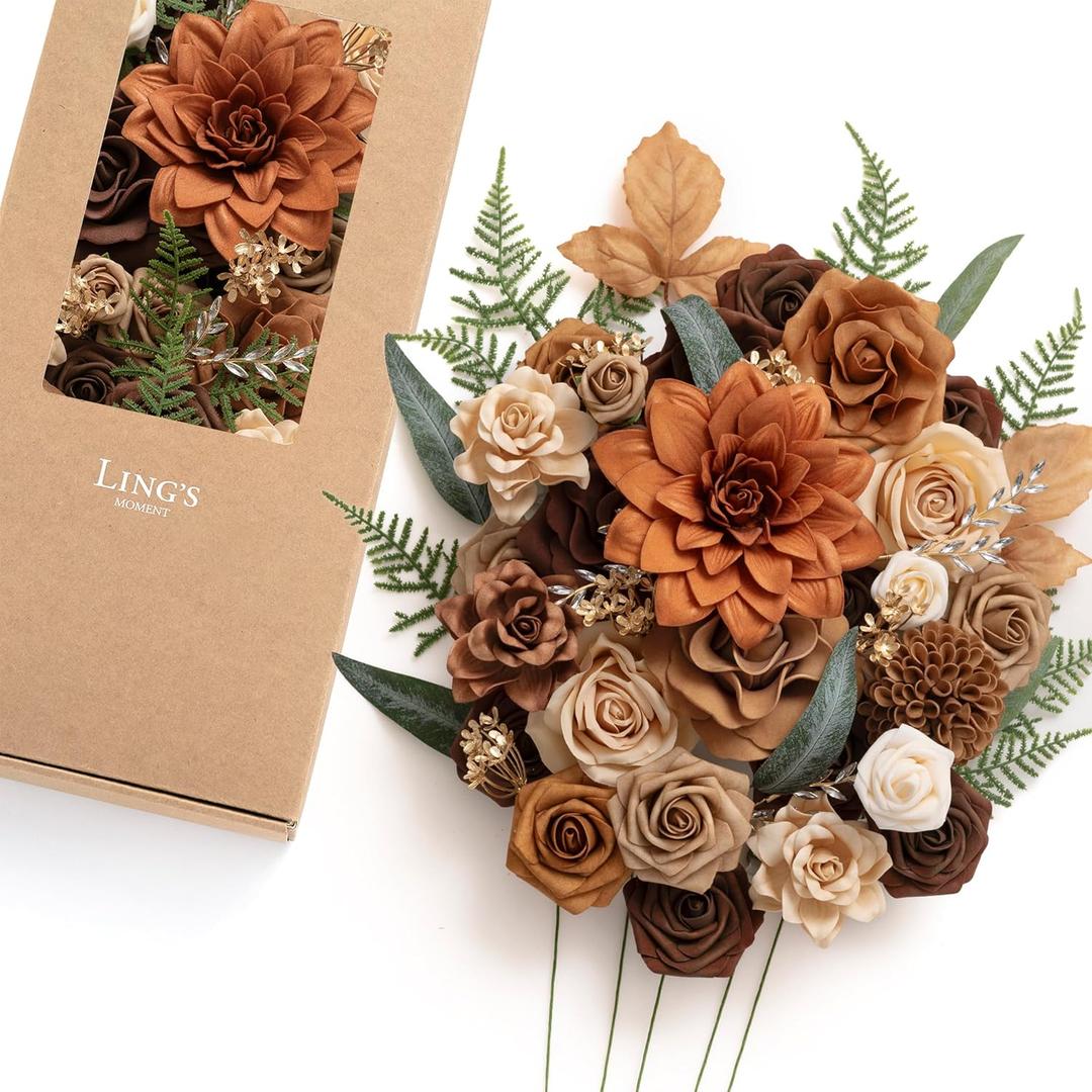 Ling's Moment Artificial Wedding Fall Flowers Deluxe Combo, Walnut Brown