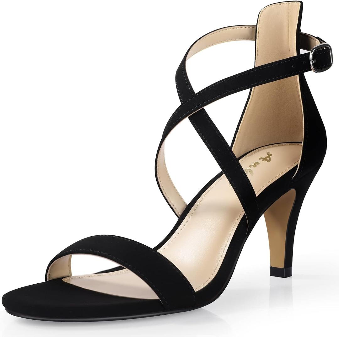Ankis Nude Gold Black Heels Strappy Heels for Women 3 Inch Stiletto Open Toe Sandals for Wedding Evening Party Homecoming (Black Nubuck, 10)