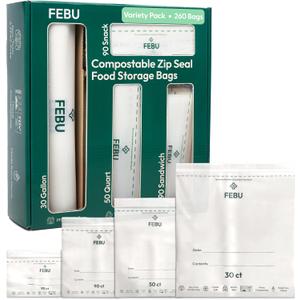 FEBU Compostable Food Storage Bags Variety Pack, 260 Count | Compostable & Biodegradable | PFAS & BPA Free, Non-Plastic | Drawer Organizer Box | 90 Snack, 90 Sandwich, 50 Quart, 30 Gallon