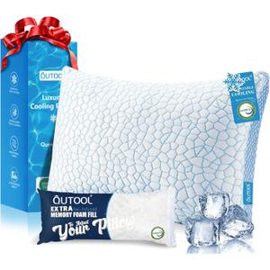 QUTOOL Enhanced Cooling Pillows for Sleeping, CertiPUR-US Shredded Memory Foam Pillows Queen Size Set of 1 for Hot Sleeper, Adjustable Bed Pillow for Side, Back, Stomach Sleepers Support Yet Soft Blue