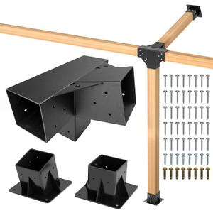 15 Lean Pergola Kit 4x4(Inner 3.64x3.64), 4-Way Slanted Pergola Roof Bracket, Post Base-Angled 4x4 Wood Post Bracket-DIY Gazebo Brackets-Hardware Kit for Outdoor Wood Beam Post Sunroom Carport Cabin