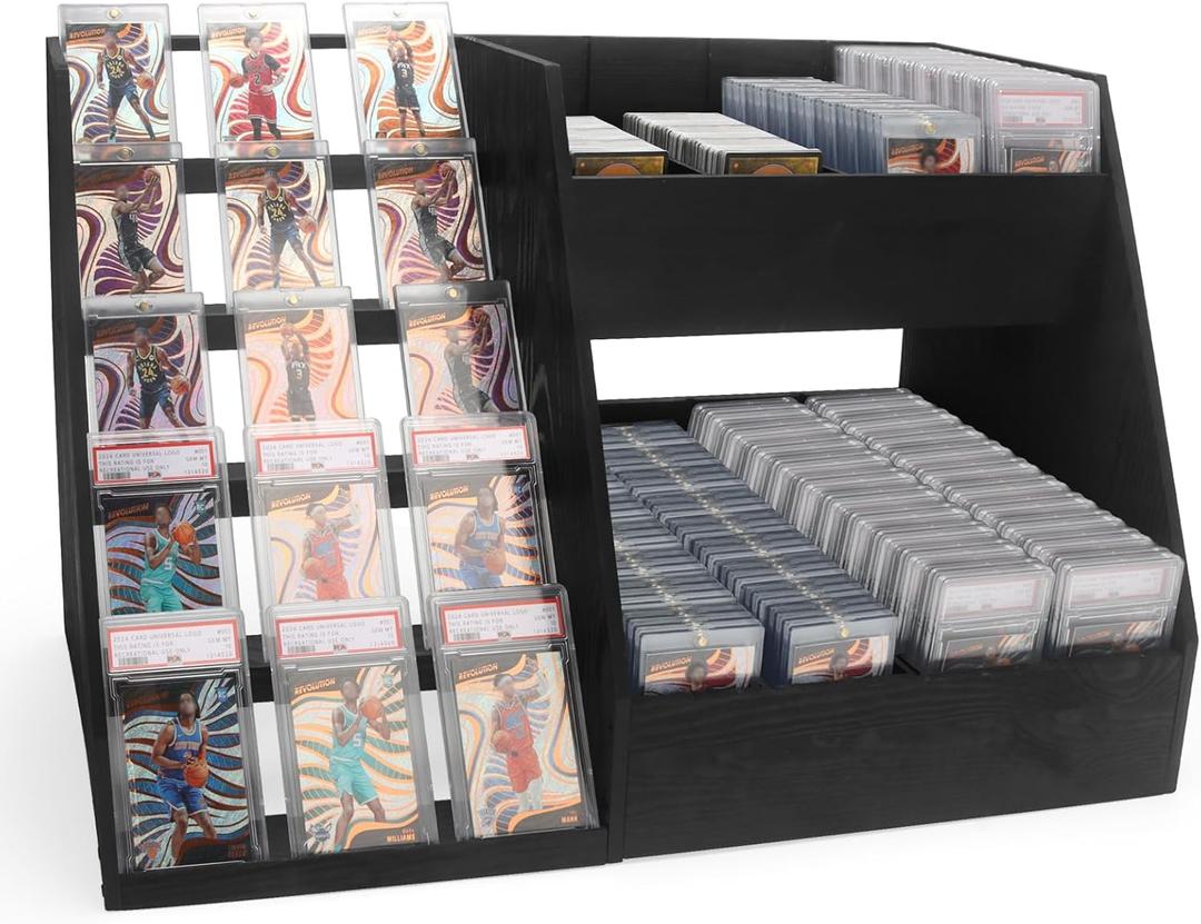 5-Tier Trading Card Display,Large Capacity Card Display Stand with 8-Row Storage & 8 Stoppers + Dividers,Wooden Graded Card Display Holds 200+ PSA BGS SGC Slabs for Sports Card and Game Card Collection