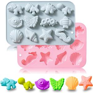 2 Pack Silicone Chocolate Molds with Animal Insect Marine Theme Dinosaur Butterfly Seashell Starfish Handmade Soap Mold Gummy Ice Cube Crayon Pastry Baking Tools for Cookie Chocolate Cake Dcor