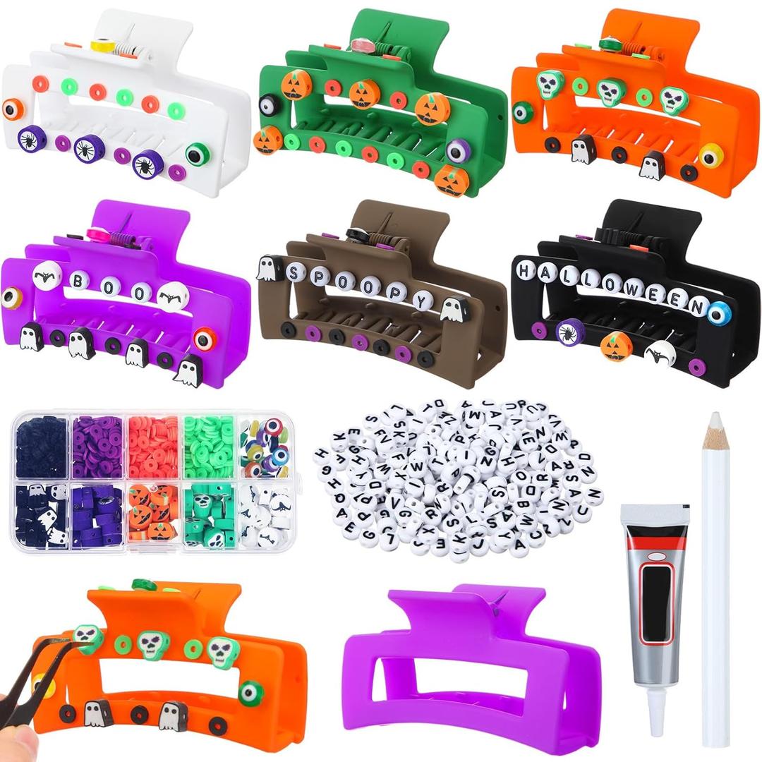 Janinka 12 Set DIY Halloween Hair Claw Clips Kit Resin Claw Hairpin with Polymer Clay Beads Hair Clips with Strong Hold Non-slip Banana Barrettes Aesthetic Hairpin for Women Craft DIY Party Supplies