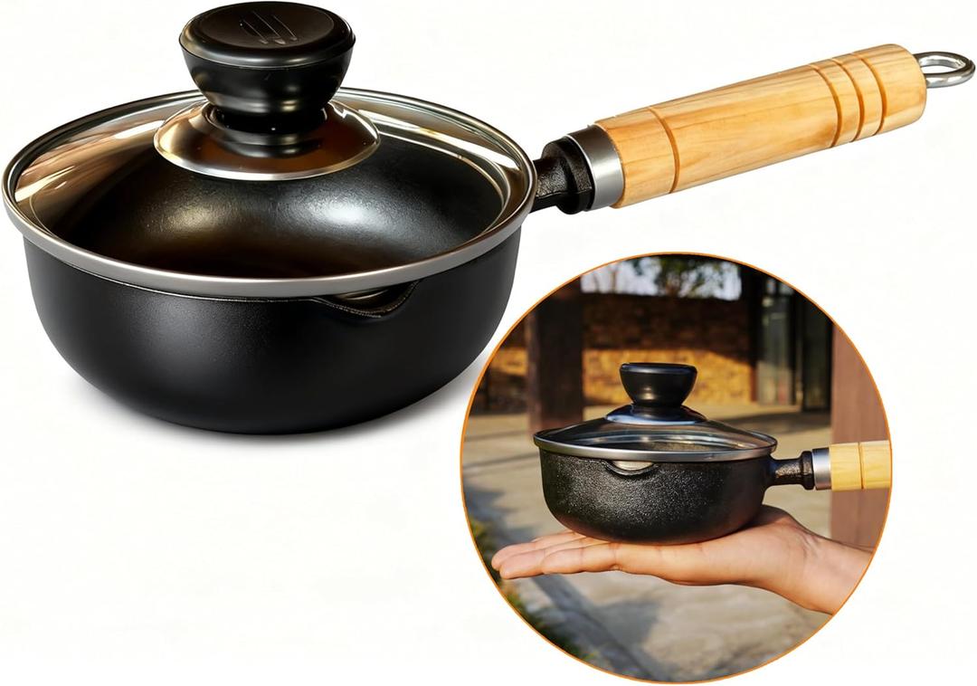 Cast Iron Butter Warmer Pot with Lid - 4.5 Inch Mini Camping Saucepan for Melting Butter, Oil, Chocolate, Wood Handle for All Stovetops & Campfire