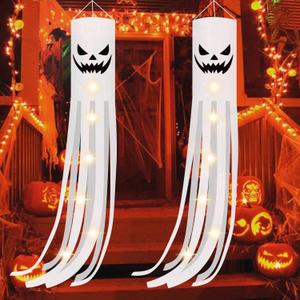 CCINEE 2 Pack Halloween Ghost Windsock Flag with Lights, 70.8 Inch Glow in The Dark Halloween Outdoor Hanging Decor for Yard Patio Garden Pathway Party Decoration(2024 Upgraded)