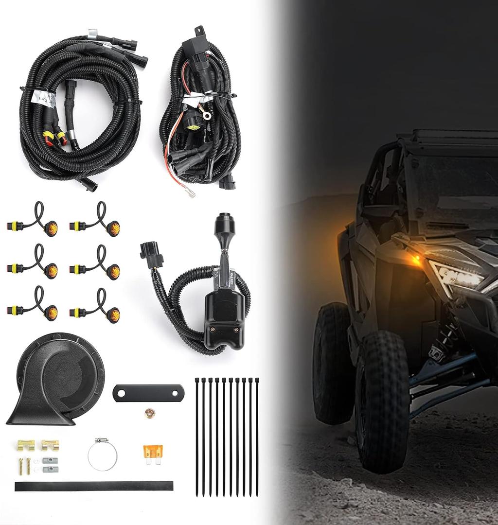 KEMIMOTO UTV Turn Signal Kit with Horn, Plug and Play Street Legal with Column Turn Switch and Hazard, Amber LED Blinker Kit Compatible with Polaris Ranger RZR, Can-Am X3, Kawasaki, Arctic Cat, CFMOTO