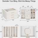 GUOER Jewelry Box for Women, Glass Lid Jewelry Organizer with 3 Drawers PU Jewelry Storage Case for Necklaces Rings Earrings Bracelets, Mother's Day, White