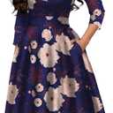 Simple Flavor Women's Floral Vintage Dress Elegant Midi Evening Dress 3/4 Sleeves (Blue, XXL)