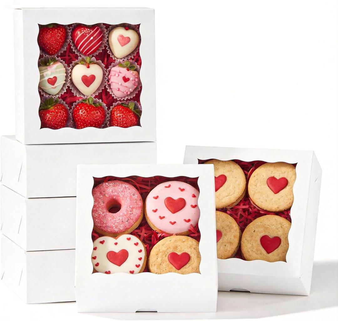 50pcs Cookie Boxes with Window, 6x6x2.5in White Bakery Boxes for Treats, Small Cake, Desserts, Donuts, Pastry