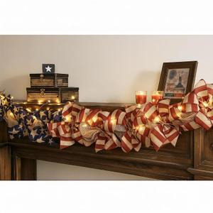 4th of July Decorations Patriotic Garland with Lights, Red White and Blue Burlap Garland with American Flag Ribbon, Vintage Farmhouse Mantel Fireplace Decor for Independence Day Memorial Day