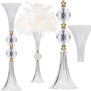 VIJIV Crystal Acrylic Trumpet Vase for Wedding Centerpieces & Home Decor - 21.7" Clear Flower Stand with Ribbed Texture, Gold Accents, Table/Floor Vase for Events, Bridal Showers & Boho Weddings