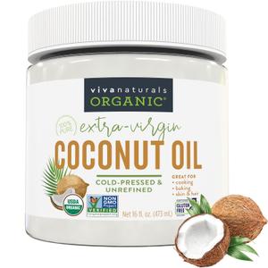 Viva Naturals Organic Coconut Oil, 16 fl oz Unrefined, Cold-Pressed Extra Virgin Coconut Oil, USDA Organic & Non-GMO, Natural Cooking Oil, Hair Oil & Skin Oil (EXP 02/19/27)