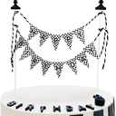 Happy Birthday Cake Topper Banner, Black and White Checkered Racing Theme, Trophy Design Cake Decoration, 8 Inch