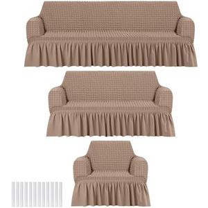 Fanfanwin 3 Pcs Sofa Slipcover Set for Couch Cushion Durable Washable High Elastic Stretchable Furniture Couch Covers with Skirt for Sofa Loveseat Arm Chair(Khaki,Seersucker) Only 2 Seater