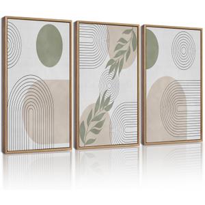 UVIOKE Green Botanical Boho Framed Wall Art Modern Bohemian Plants Wall Decor Geometry Lines Prints Artwork for Living Dining Room 16x24in (Natural Framed) (24L" x 16W" x 3 Panels Natural)