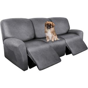 ANARACHON Recliner Couch Cover Leather Look Recliner Sofa Covers for 3 Cushion Reclining Sofa Slipcovers 8-Pieces Furniture Protector Spandex Fabric Washable (3 Seater, 01 Light Grey)