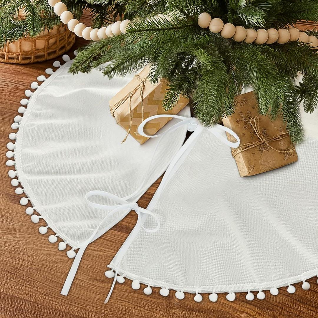 Syhood 30 Inch Christmas Tree Skirt White Xmas Linen Burlap Tree Skirt Base Cover with Pom Trim for Xmas Winter Home Decorations Holiday Family Party All Year