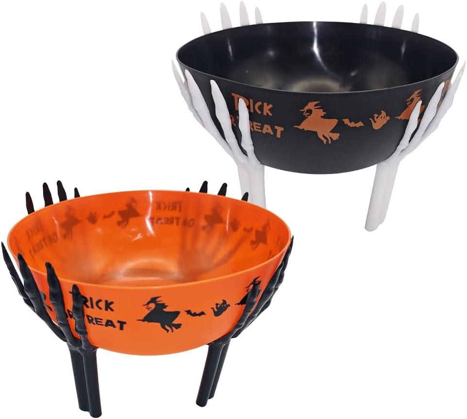 2 Pcs Halloween Candy Bowl with Holder Plastic Trick or Treat Bowls Large Halloween Party Plastic Serving Bowl Tableware Candy Holders Party Supplies (Black Orange)