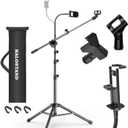 Microphone Stand with IPAD Clip, Floor Foldable Mic Stand with Phone Clip,Heavy Duty Tripod Boom Arm with 2 Mic Clips and Carrying Bag for Singing Karaoke Stage