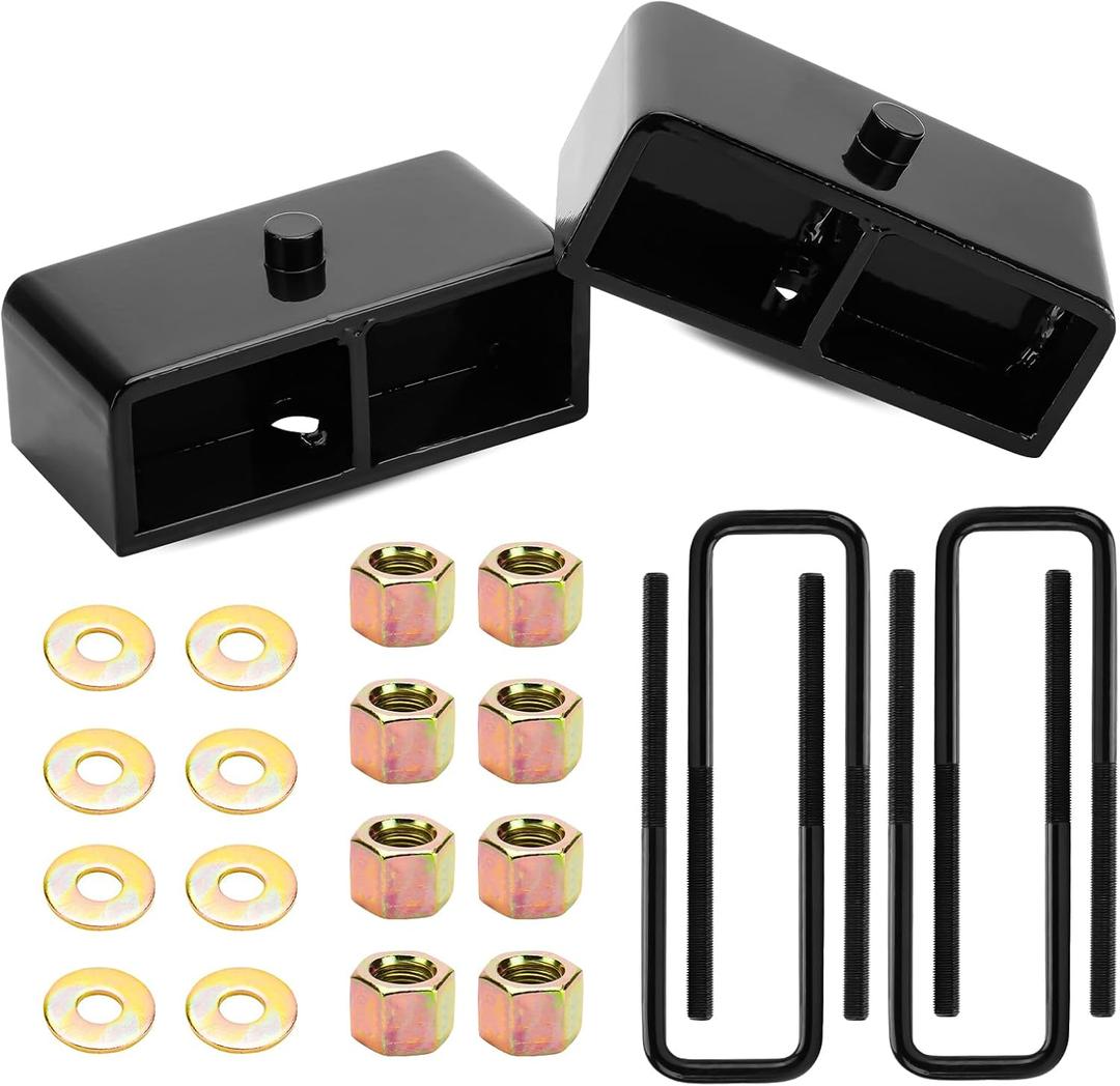1" Rear Leveling Lift Block Kit w/Extra Long Square Leaf Spring U-Bolts Fit for 1988-1999 Chevy GMC K1500, 1995-1999 Tahoe Suburban 1500, 1999-2020 Chevy Silverado 1500 GMC Sierra 1500, Set of 2