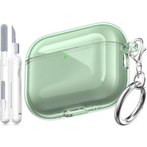 for AirPods Pro 3 Clear Case 2025, Military-Grade Shockproof, Soft TPU Highly Transparent Anti-Yellowing for AirPods Pro 3 Case with Cleaning Kit & Cute Round Buckle, Clear Green