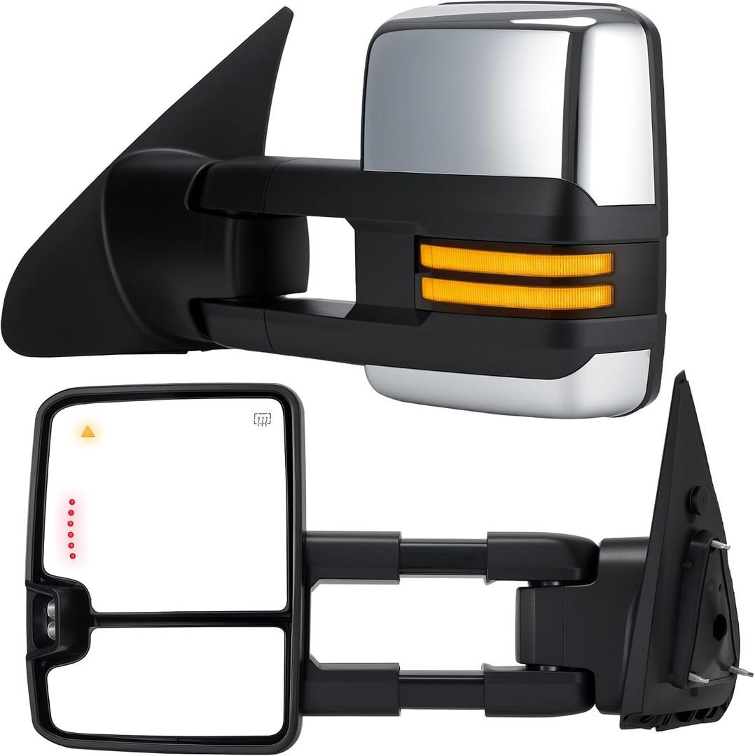 Tow Mirrors Compatible with 2007-2021 Toyota Tundra & 2008-2017 Sequoia, Blind Spot Monitoring, Sequential Switchback Turn Signal, Backup Arrow Light, Power Heated, Dual Glass, Chrome, Large