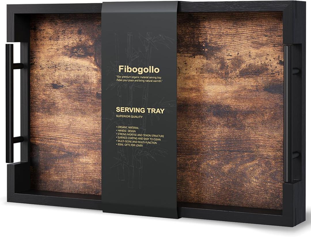 Fibogollo Wooden Serving Tray with Metal Handles,15x9.8in Ottoman Decorative Trays Platter for Coffee Table,Living Room,Bar,Party,Medium