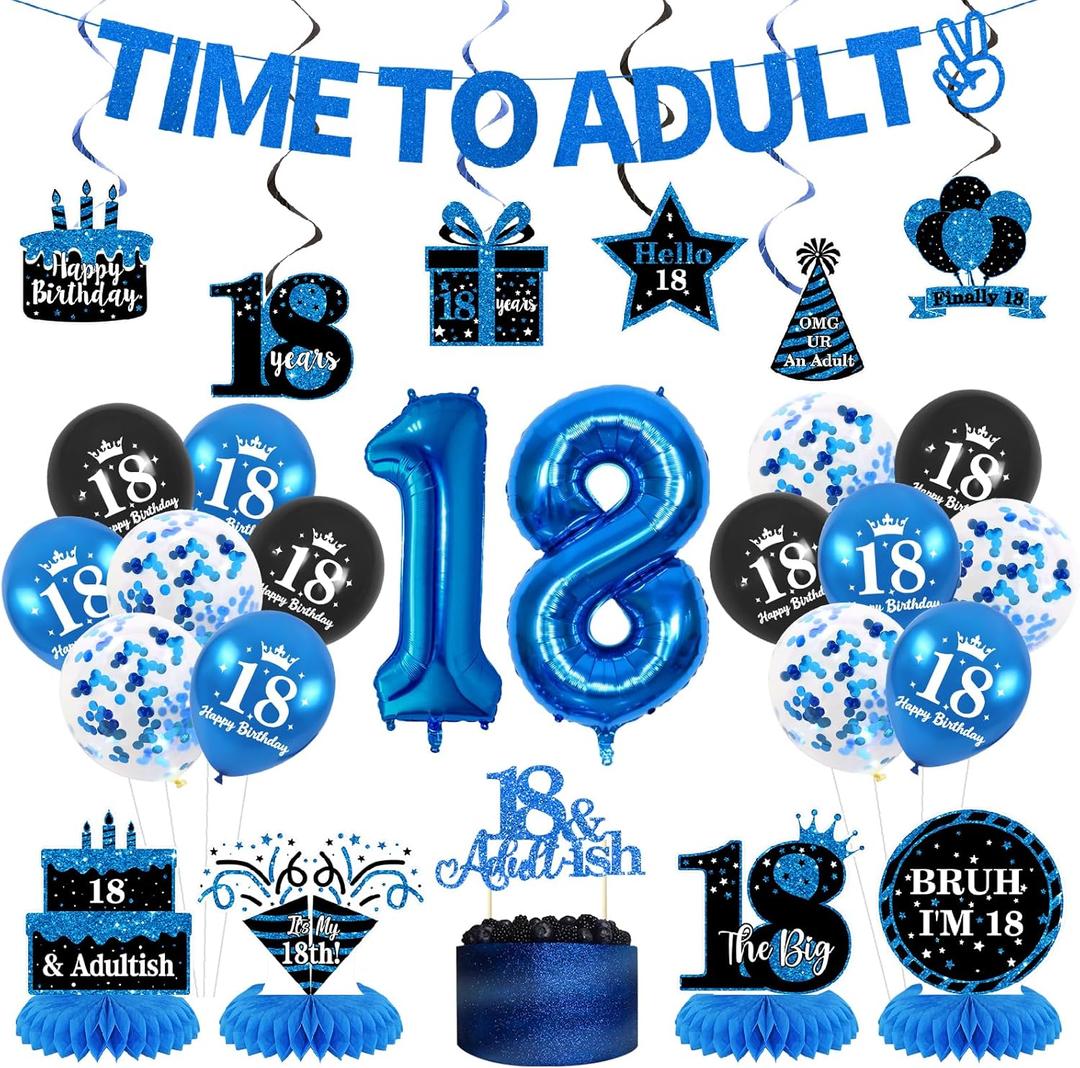 Trgowaul Happy 18th Birthday Decorations for Boys, 26pcs Black Blue 18th Party Supplies, Time To Adult Banner, Hanging Swirls, Cake Topper&Centerpieces, 18 Number Balloons, 18 Year Old Birthday Set