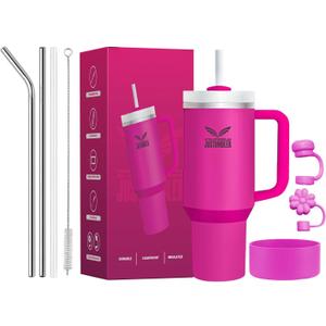 40 Oz Insulated Tumbler with Handle and Straw, Stainless Steel Coffee Travel Mug with Lid, Leak Proof Water Bottle with Accessories, Fuchsia