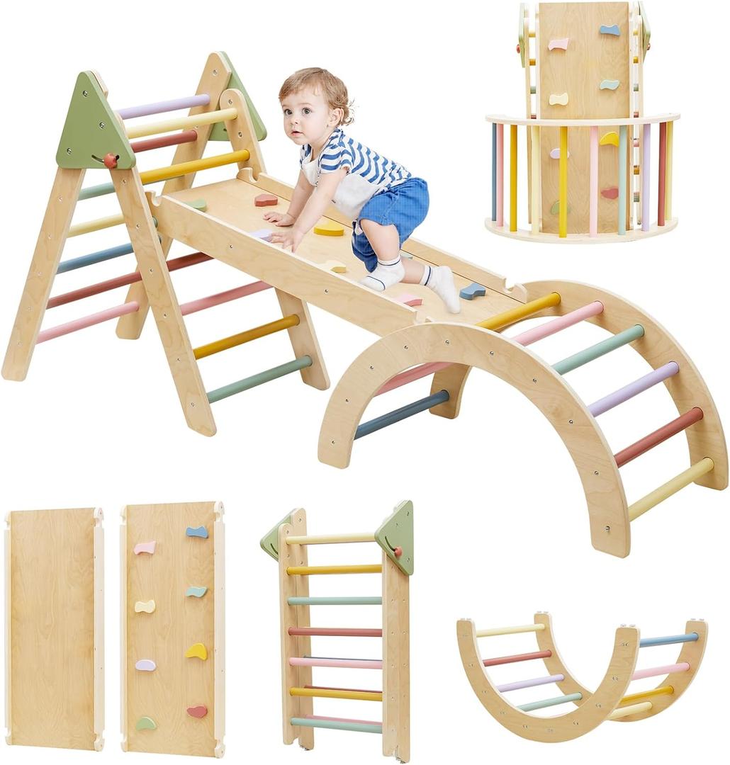 Foldable Pikler Triangle Climbing Set Wooden 7 in 1 Montessori Climber Toys for Toddlers 1-3 Baby Jungle Gym Indoor Slide Playground with Ramp/ Arch/ Ladder Large Kids Activity Center Boy & Girl Gift