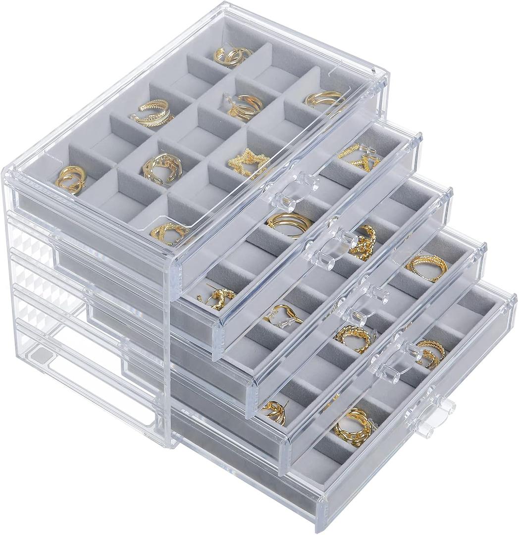 misaya Acrylic Earring Organizer with 75 Slots, 5 Drawers Clear Jewelry Organizer for Earrings Only, Birthday Present, Grey