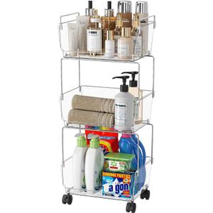 Delamu 3 Tier Rolling Cart for Kitchen, Bathroom, Office, Acrylic Utility Storage Carts with 2 Lockable Wheels, Ideal for Small Spaces, Pantry, Classroom, Makeup Organizer, Dorm Storage, Clear
