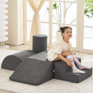 jela Kids Foam Climbing Blocks 4Pcs Soft Play Equipment, Toddler Climbing Toys Indoor Soft Play Climbing Set, Lightweight Climbing Blocks for Babies, Crawling Foam Playset (Miss Fabric Darkgrey)