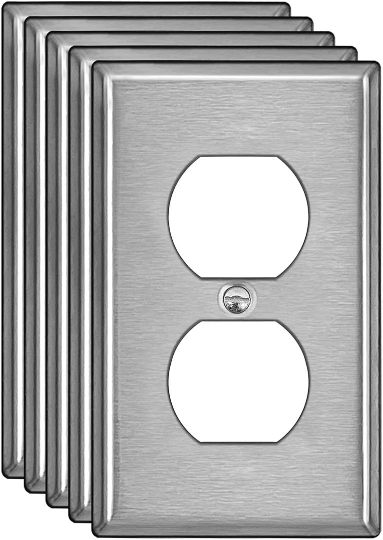 [5 Pack] BESTTEN Duplex Metal Wall Plate with Protective Film, 1-Gang Standard Size, Corrosion-Resistant Stainless Steel Outlet and Switch Cover, Industrial Grade, Brushed Finish, Silver