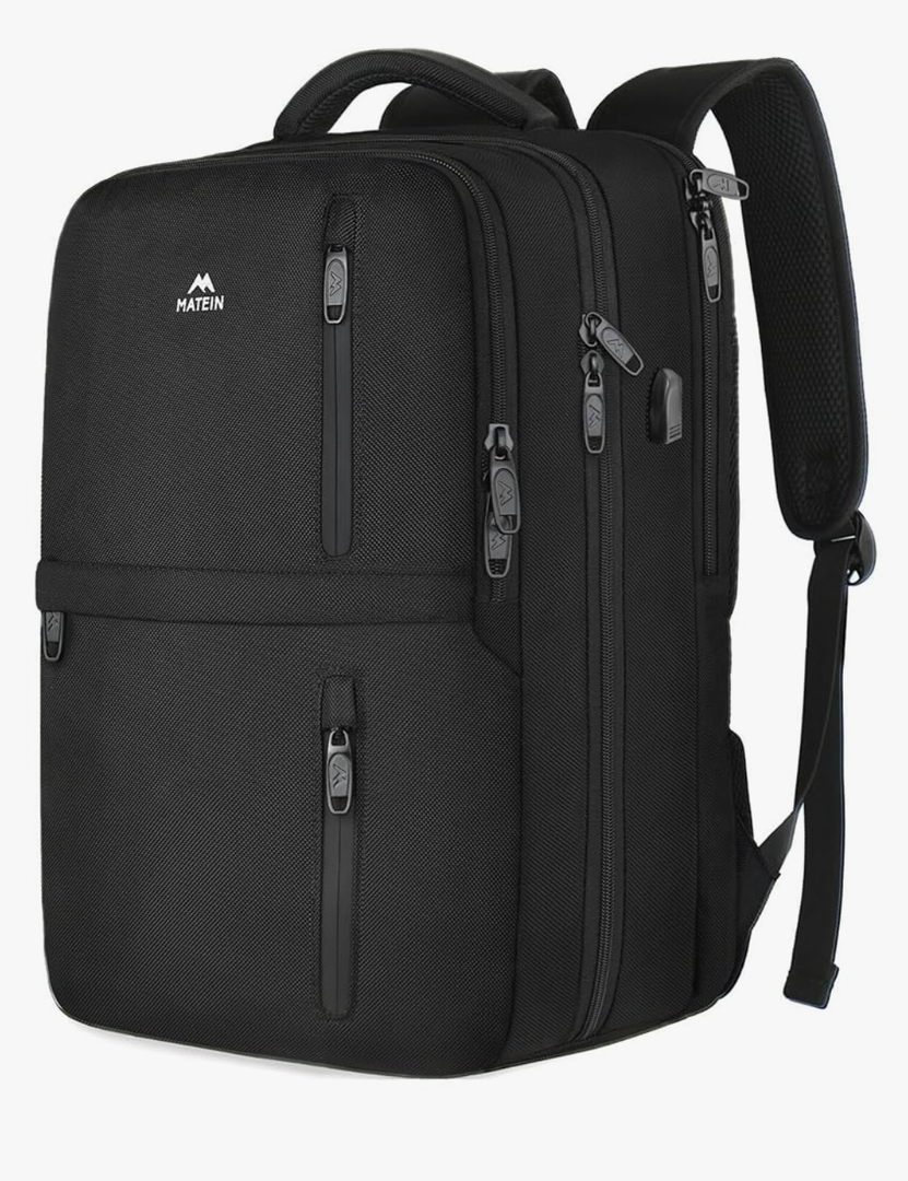 MATEIN Carry on Backpack, Flight Approved Travel Backpack with USB Port, TSA Personal Item Travel Bag fits 17" Laptop, Large Water Resistant Luggage Overnight Weekender Bag for Men & Women, Black