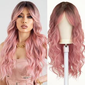 Esmee Long Wavy Pale Pink Wigs for Women Natuaral Synthetic Hair Heat Resistant Ombre Wig for Daily Party Cosplay Use